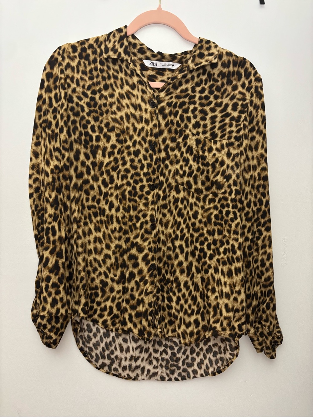 Zara Leopard Print Button-Down Shirt in Tan and Black